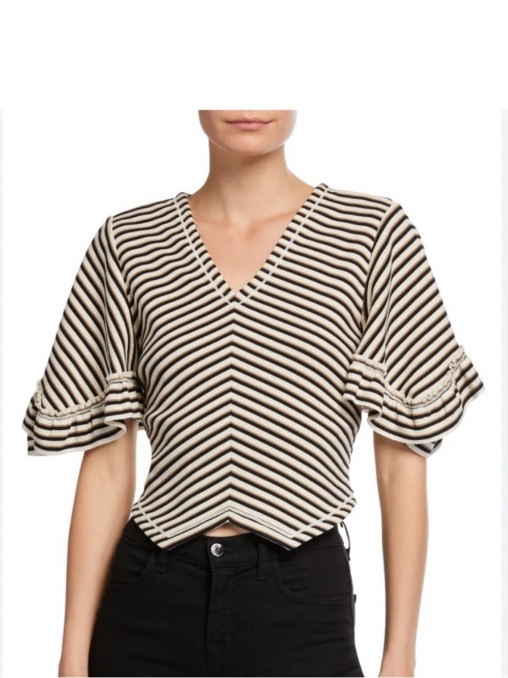 See by Chloe Striped V Neck Cropped Knit Top Ruffle Sleeve Medium